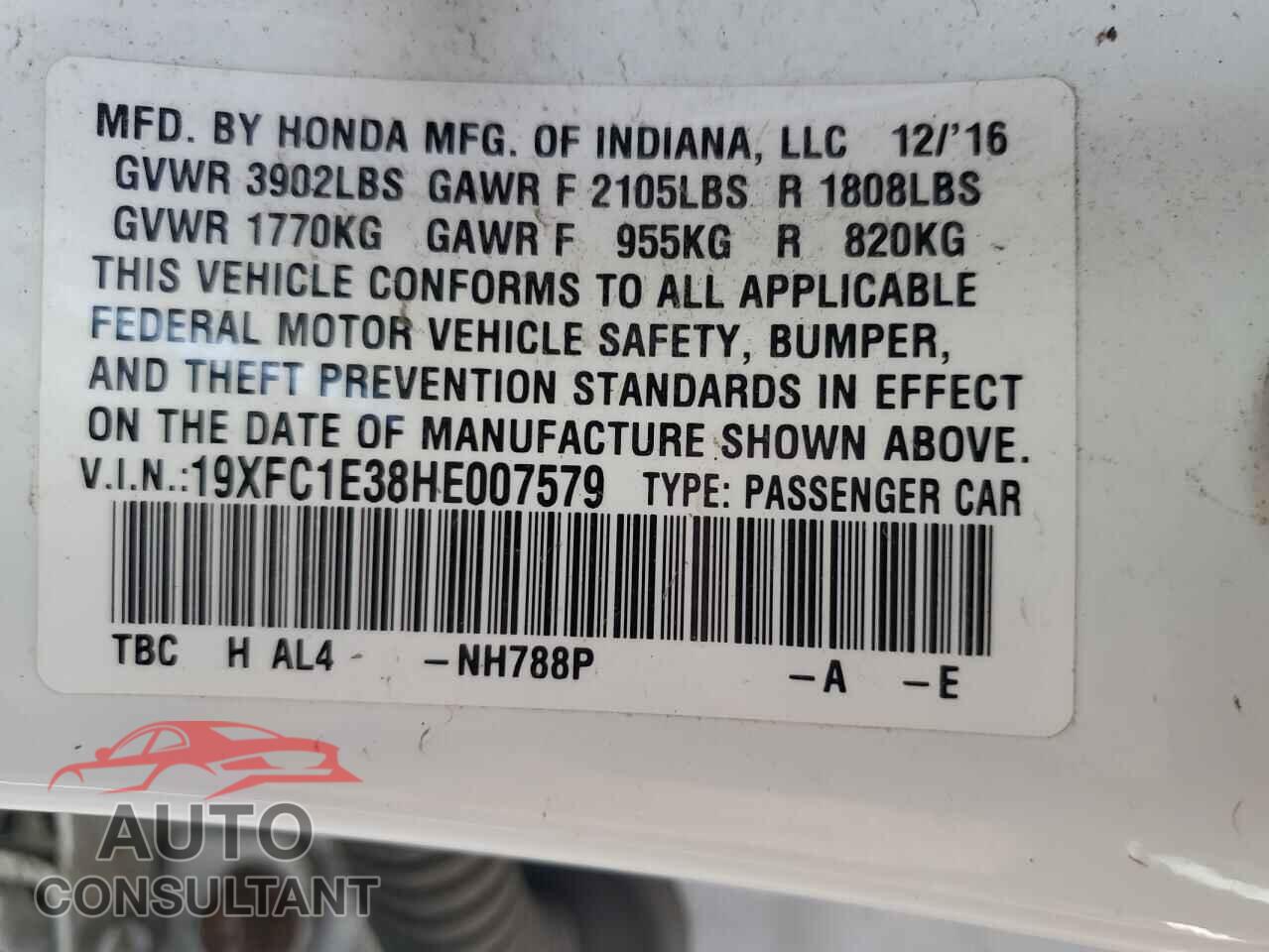 HONDA CIVIC 2017 - 19XFC1E38HE007579