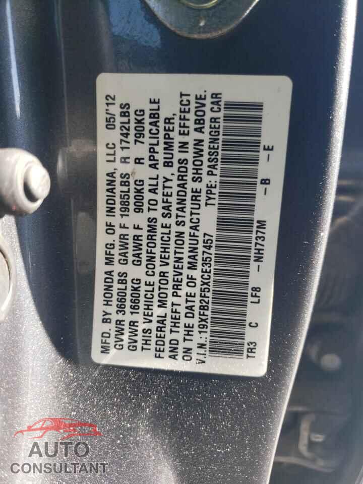 HONDA CIVIC 2012 - 19XFB2F5XCE357457