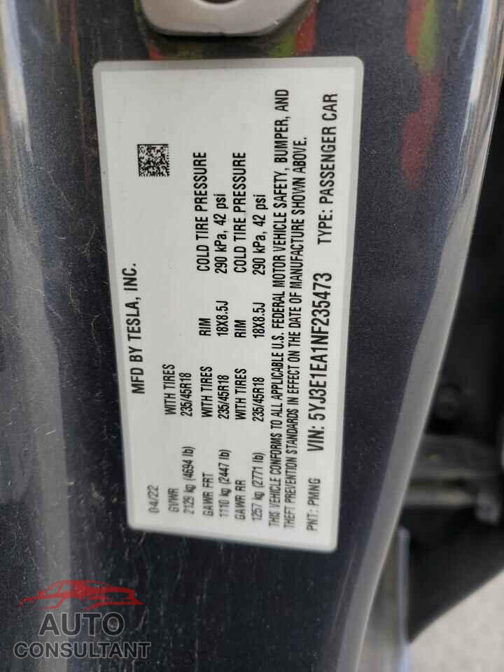 TESLA MODEL 3 2022 - 5YJ3E1EA1NF235473