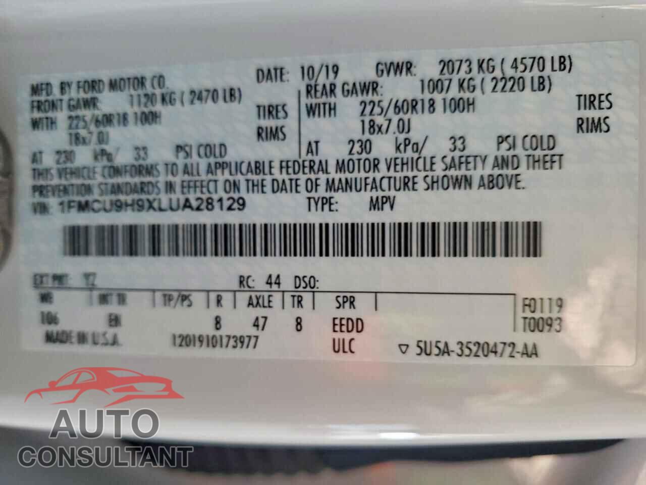 FORD ESCAPE 2020 - 1FMCU9H9XLUA28129