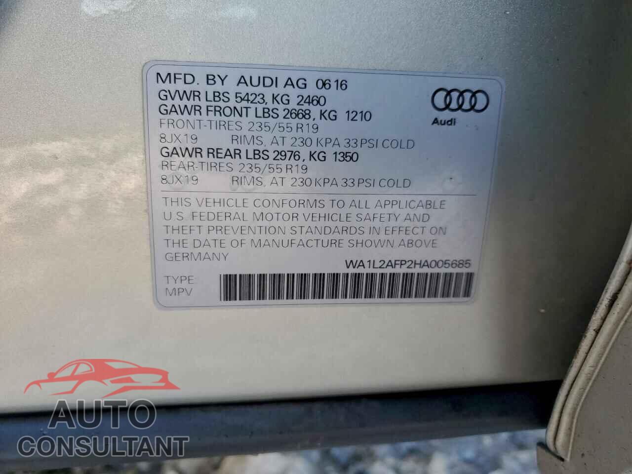 AUDI Q5 2017 - WA1L2AFP2HA005685