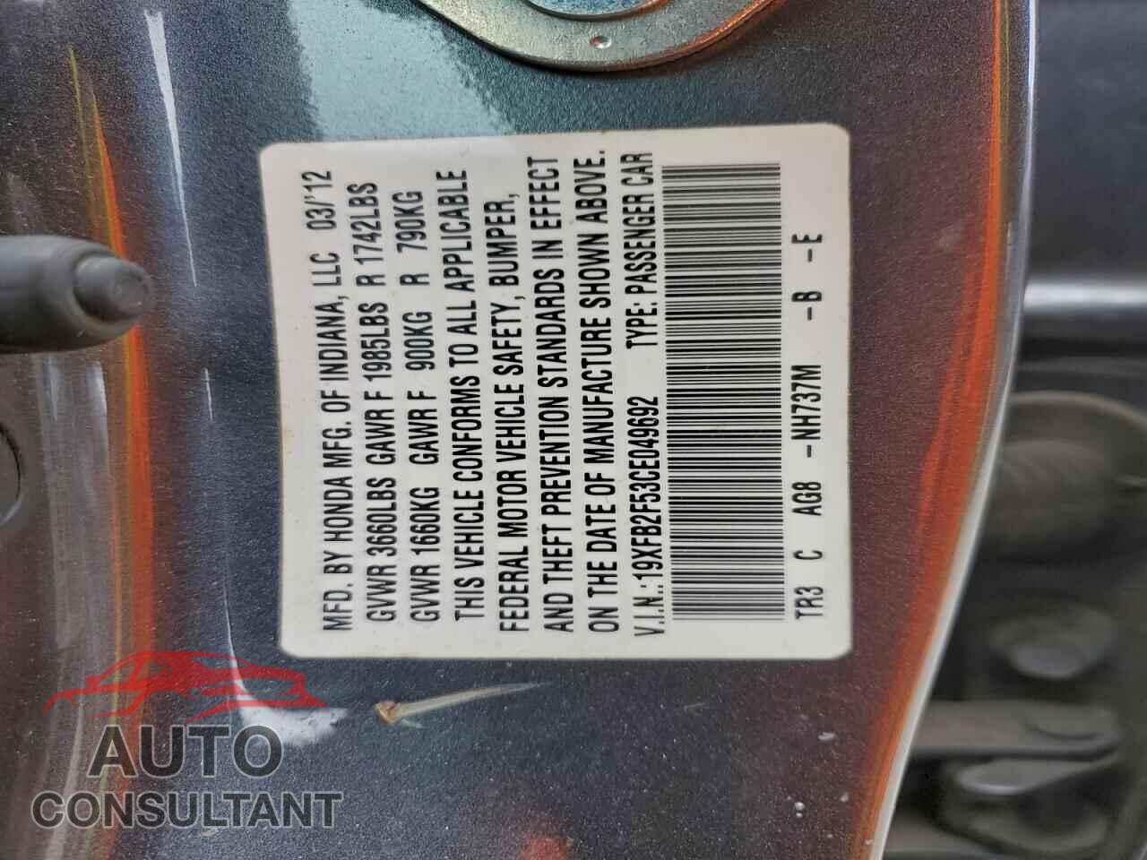 HONDA CIVIC 2012 - 19XFB2F53CE049692