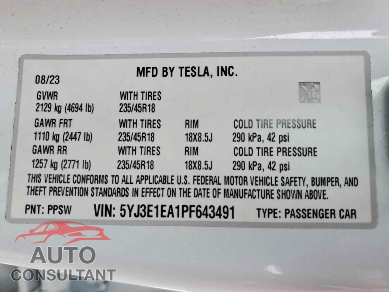TESLA MODEL 3 2023 - 5YJ3E1EA1PF643491