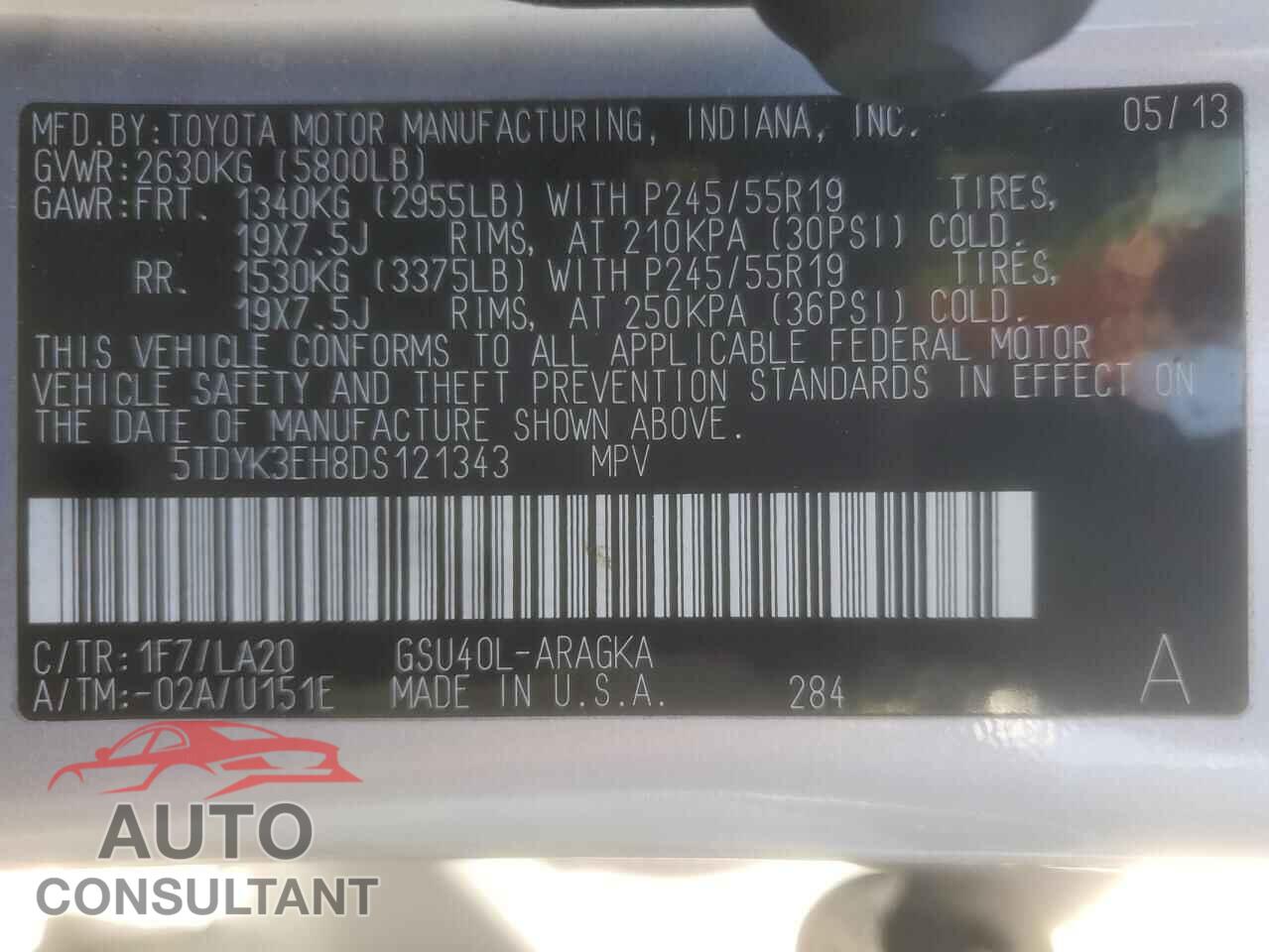 TOYOTA HIGHLANDER 2013 - 5TDYK3EH8DS121343