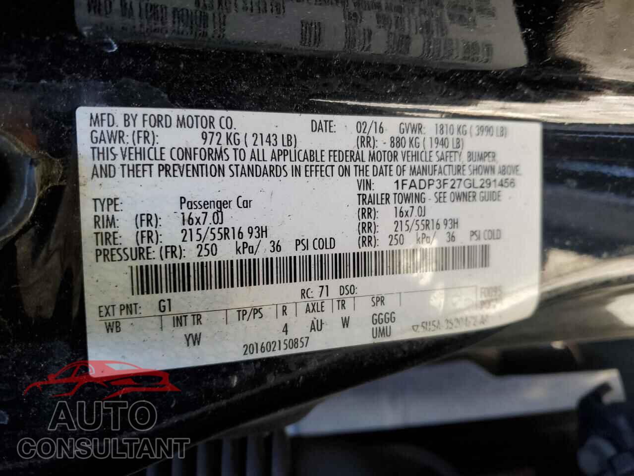 FORD FOCUS 2016 - 1FADP3F27GL291456
