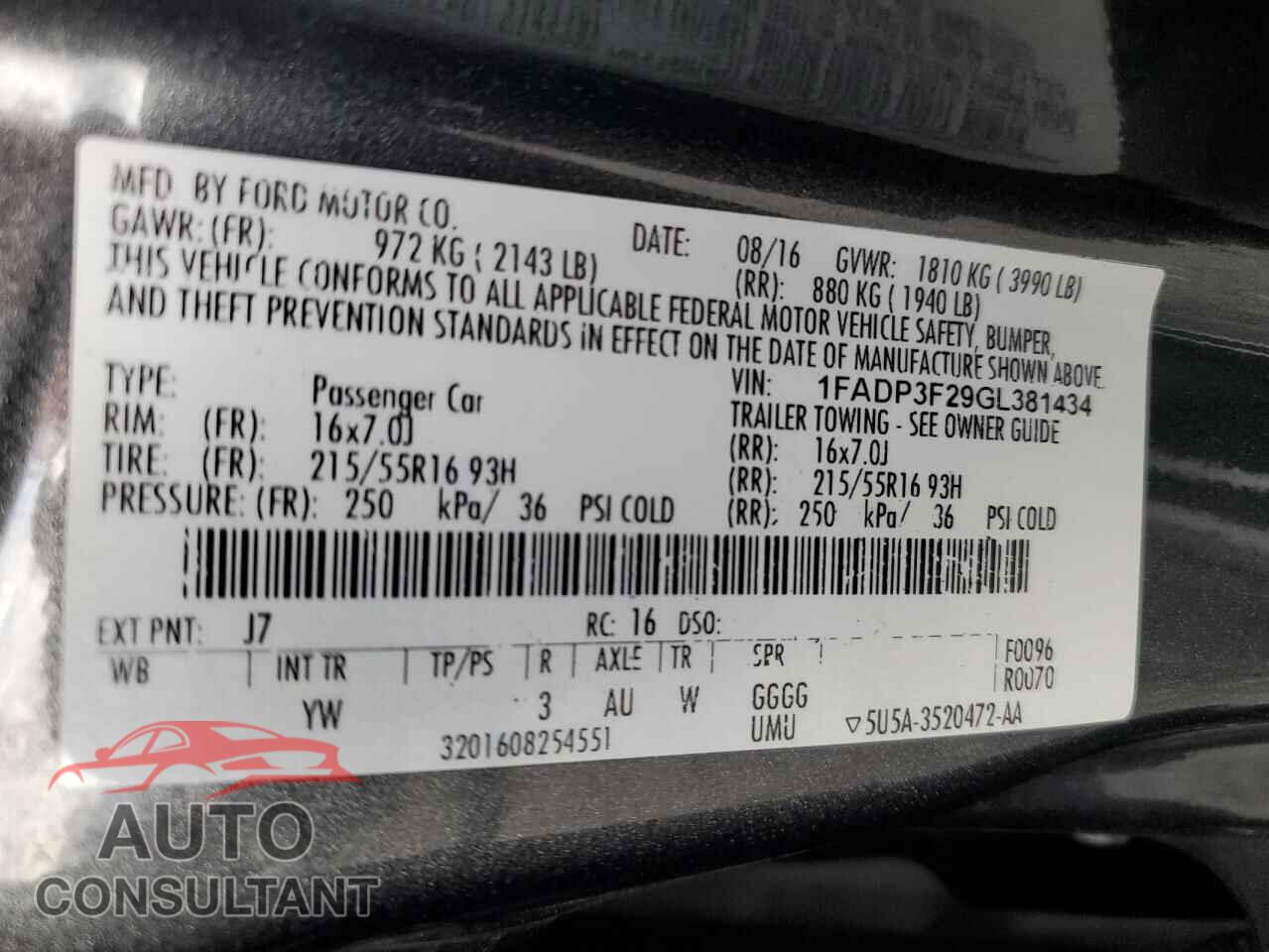 FORD FOCUS 2016 - 1FADP3F29GL381434