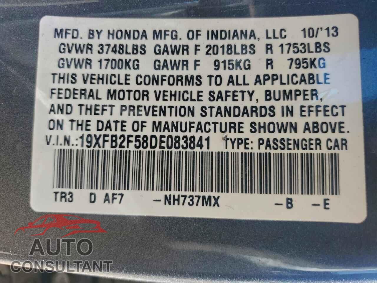 HONDA CIVIC 2013 - 19XFB2F58DE083841