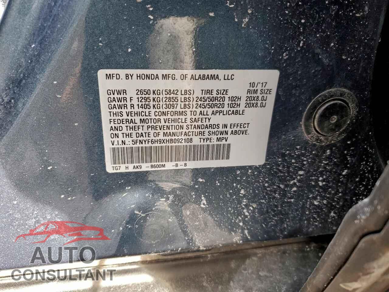 HONDA PILOT 2017 - 5FNYF6H9XHB092108