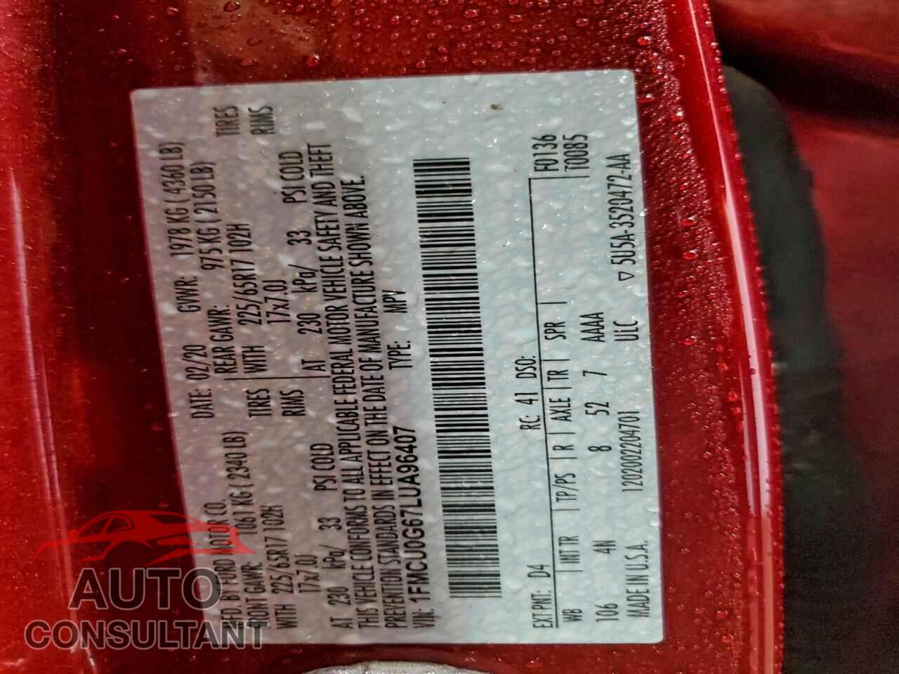 FORD ESCAPE 2020 - 1FMCU0G67LUA96407
