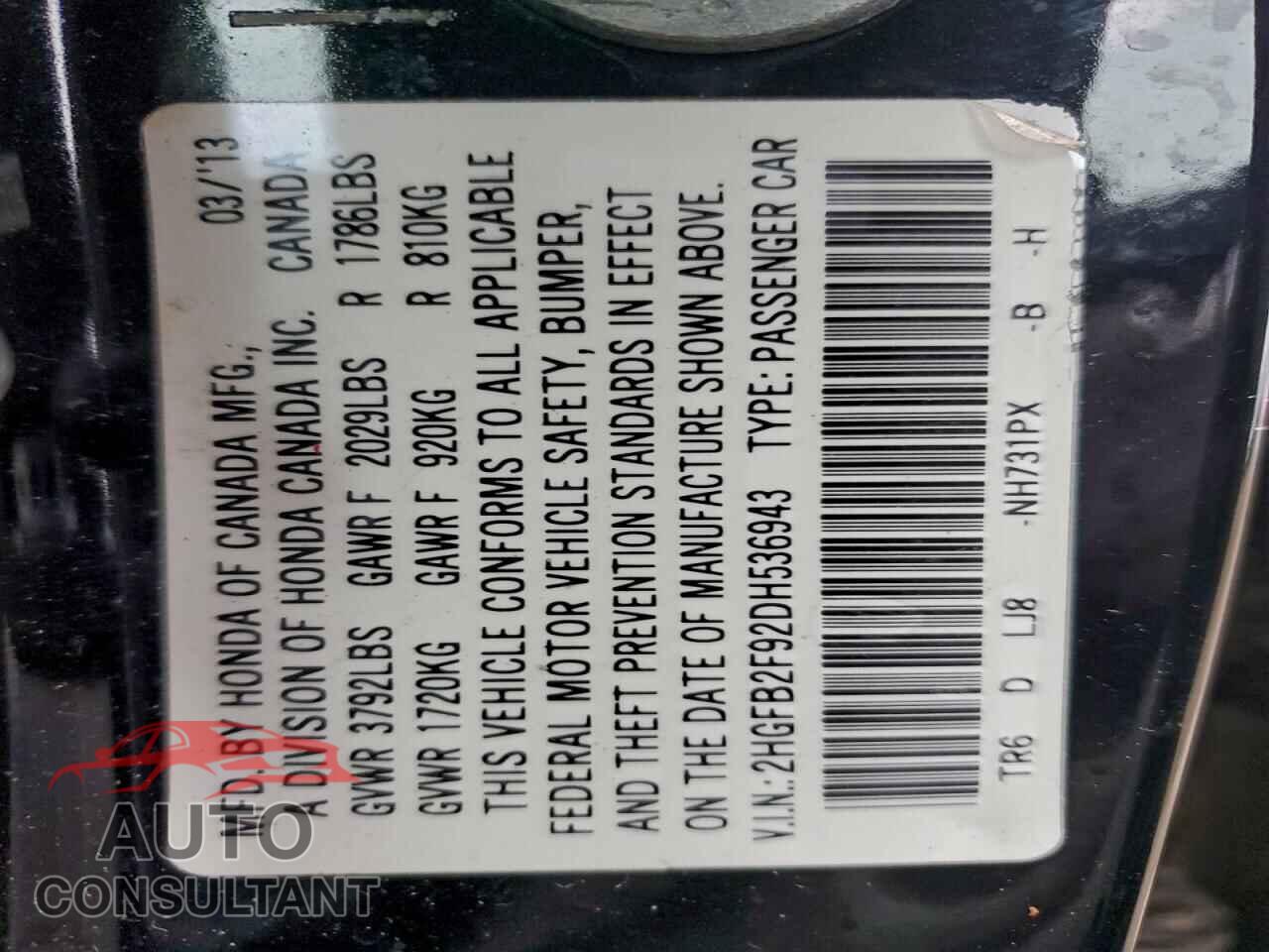 HONDA CIVIC 2013 - 2HGFB2F92DH536943
