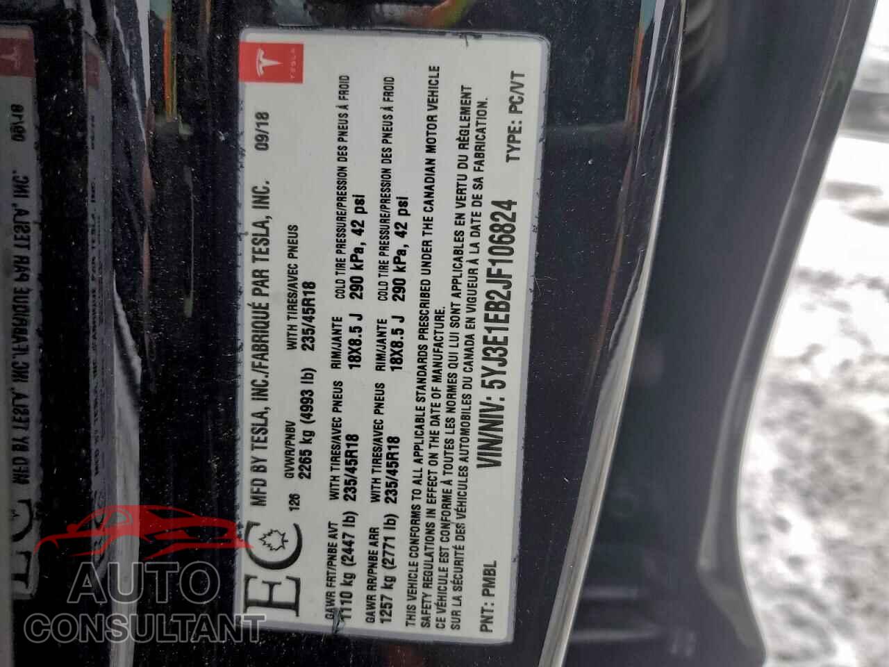 TESLA MODEL 3 2018 - 5YJ3E1EB2JF106824