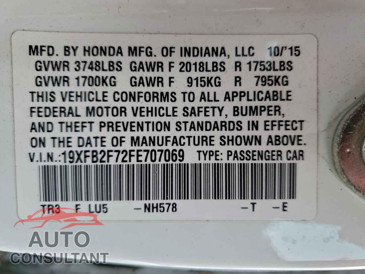 HONDA CIVIC 2015 - 19XFB2F72FE707069