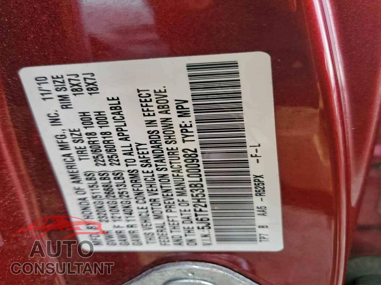 HONDA ACCORD 2011 - 5J6TF2H53BL000982