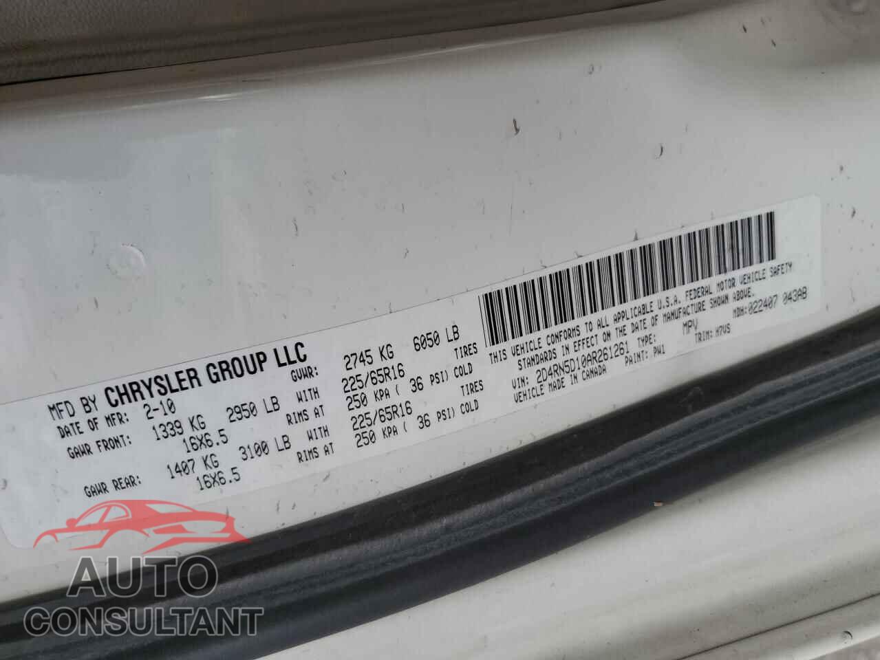 DODGE CARAVAN 2010 - 2D4RN5D10AR261261