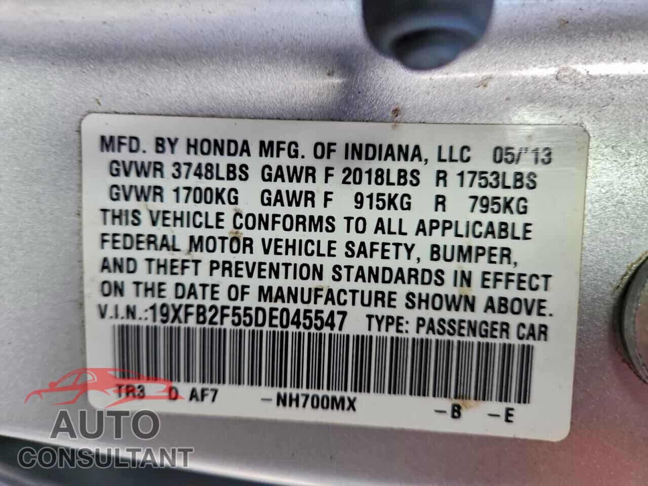 HONDA CIVIC 2013 - 19XFB2F55DE045547