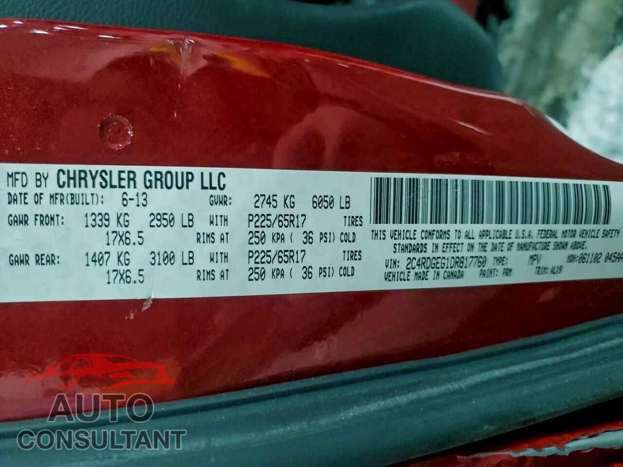 DODGE CARAVAN 2013 - 2C4RDGEG1DR817760