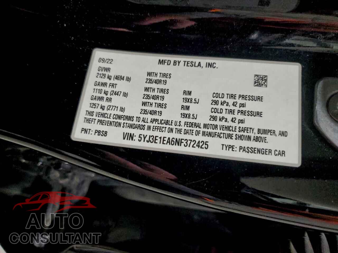 TESLA MODEL 3 2022 - 5YJ3E1EA6NF372425