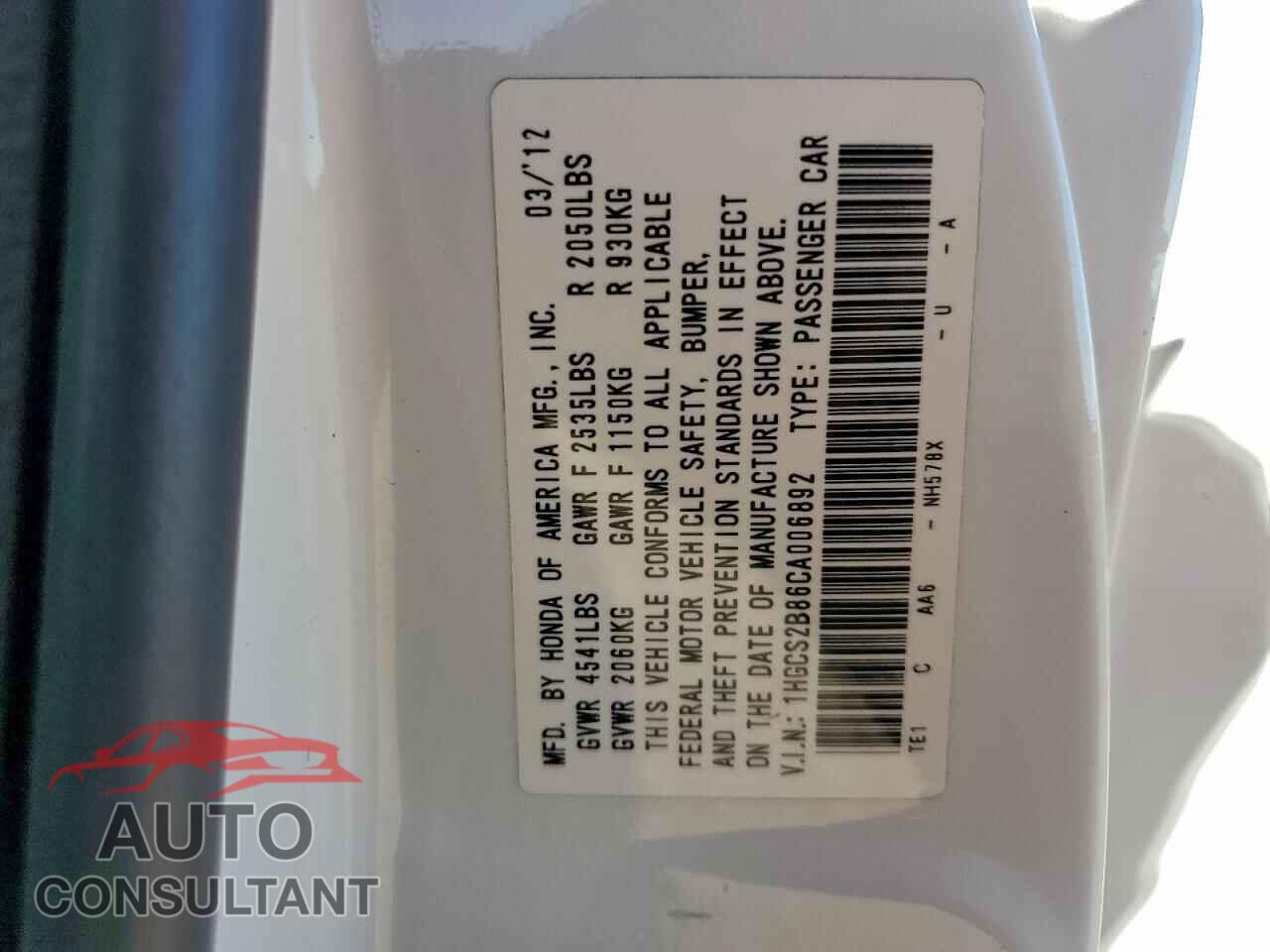 HONDA ACCORD 2012 - 1HGCS2B86CA006892