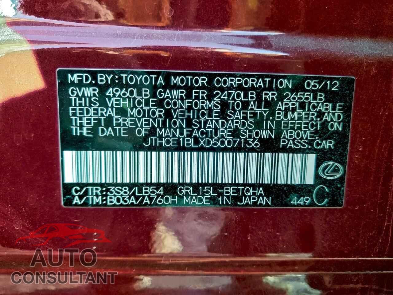 LEXUS GS350 2013 - JTHCE1BLXD5007136