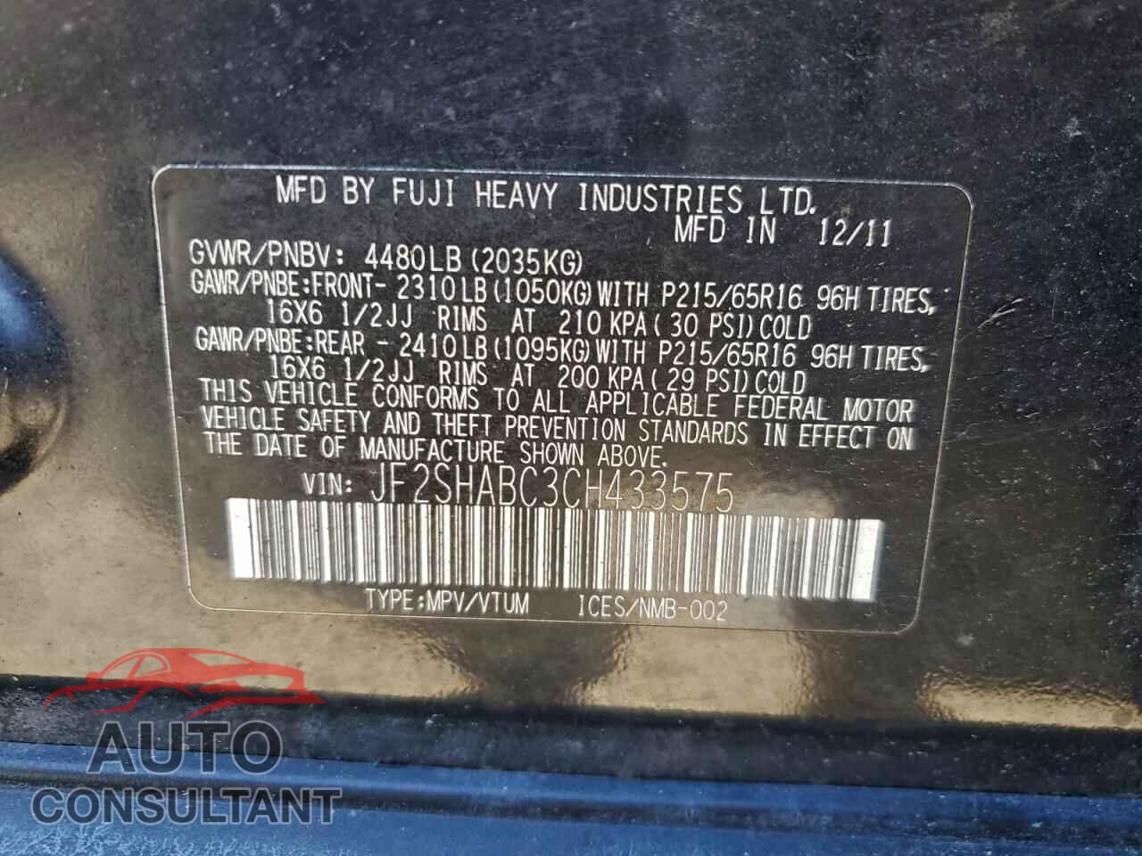 SUBARU FORESTER 2012 - JF2SHABC3CH433575