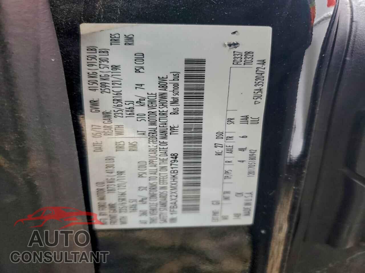 FORD TRANSIT 2017 - 1FBAX2XMXHKB17948