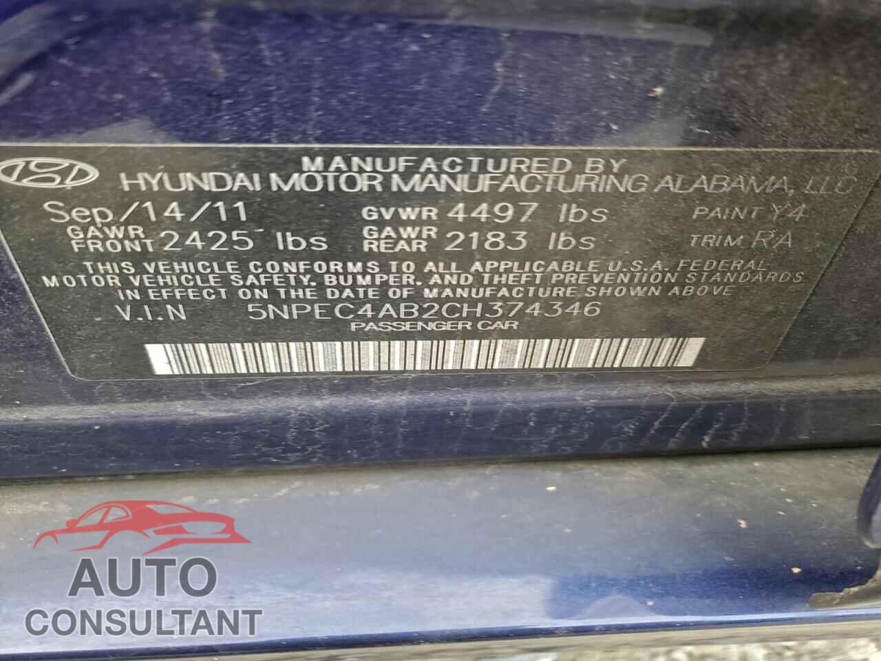 HYUNDAI SONATA 2012 - 5NPEC4AB2CH374346