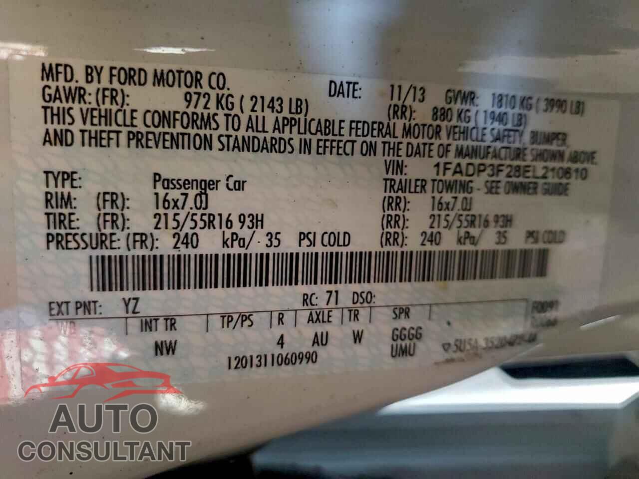 FORD FOCUS 2014 - 1FADP3F28EL210610