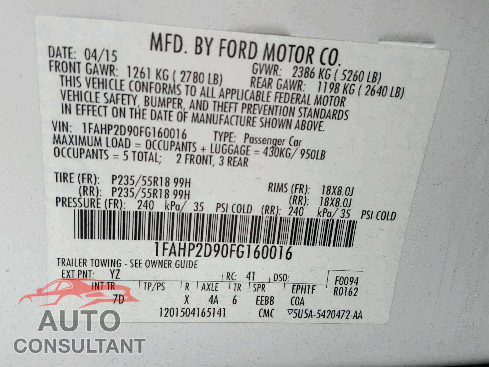 FORD TAURUS 2015 - 1FAHP2D90FG160016