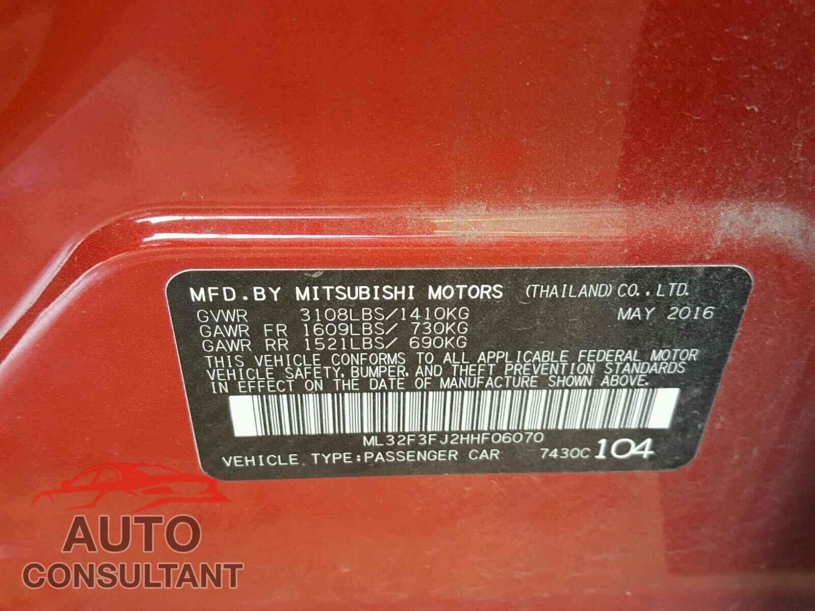 MITSUBISHI MIRAGE 2017 - ML32F3FJ2HHF06070