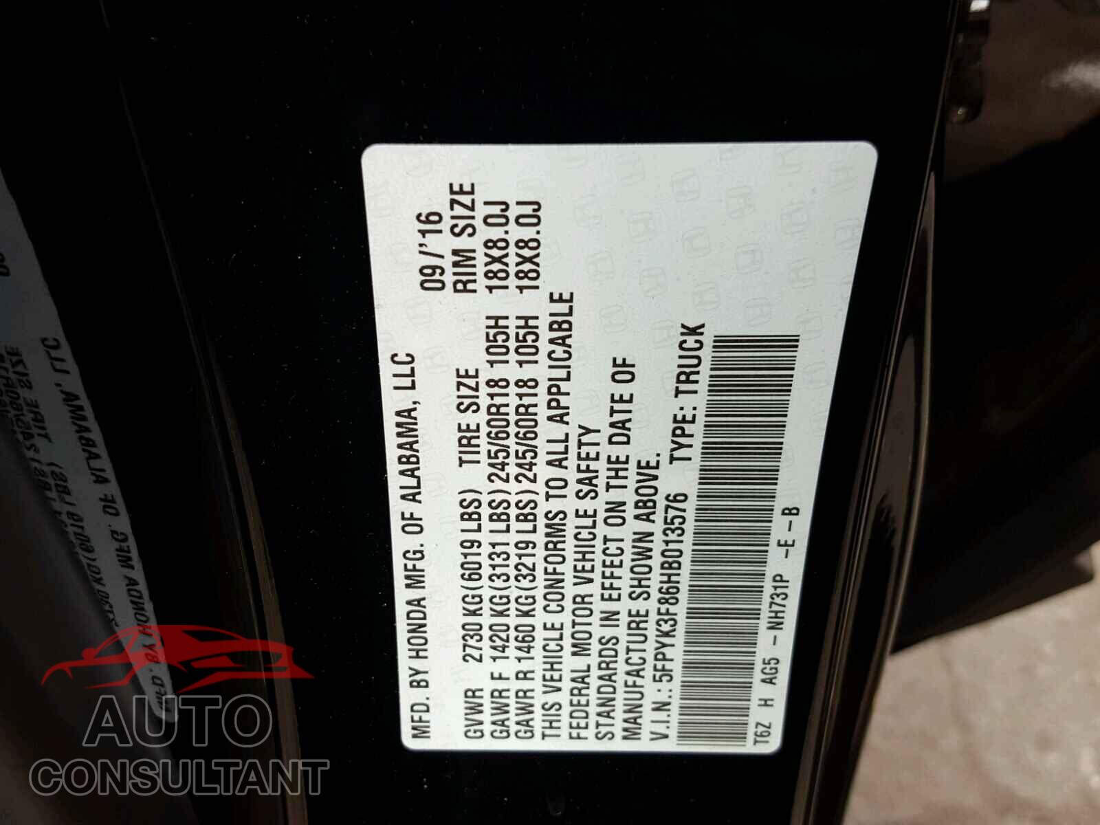 HONDA RIDGELINE 2017 - 5FPYK3F86HB013576