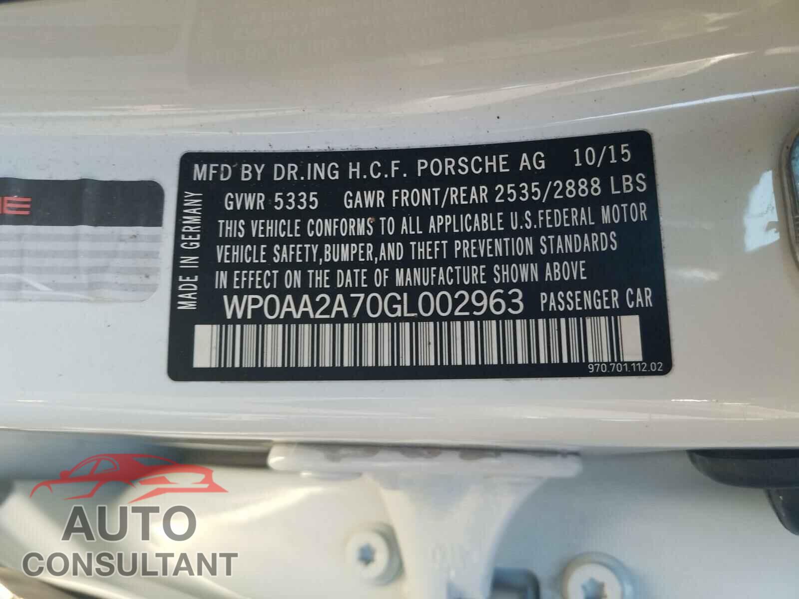 PORSCHE PANAMERA 2016 - WP0AA2A70GL002963