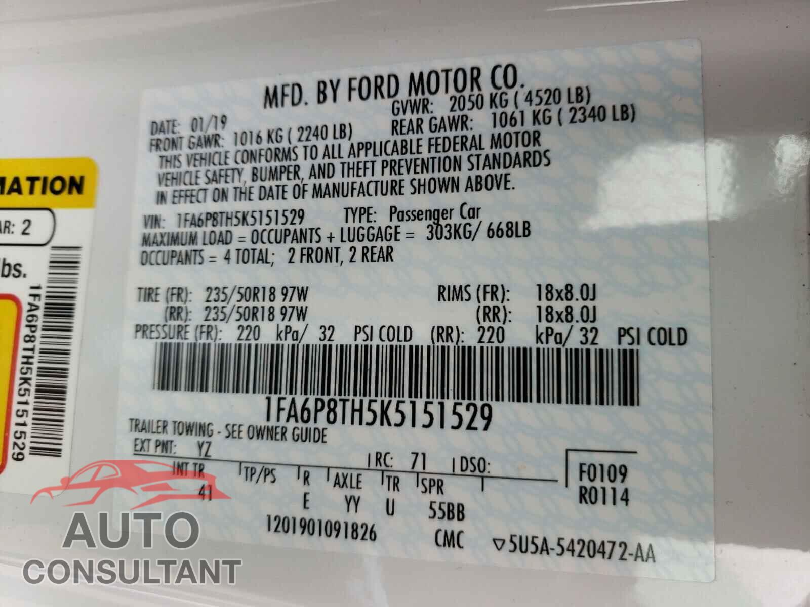 FORD MUSTANG 2019 - 1FA6P8TH5K5151529