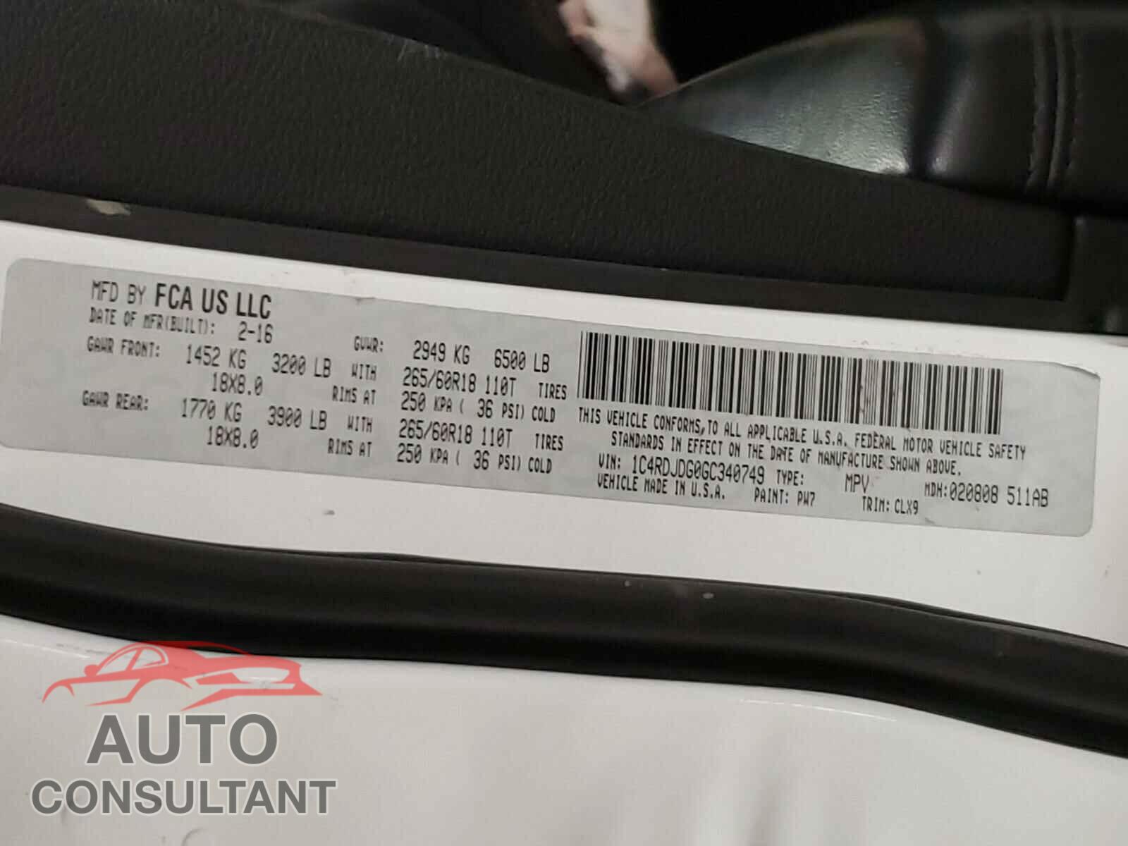 DODGE DURANGO 2016 - 1C4RDJDG0GC340749