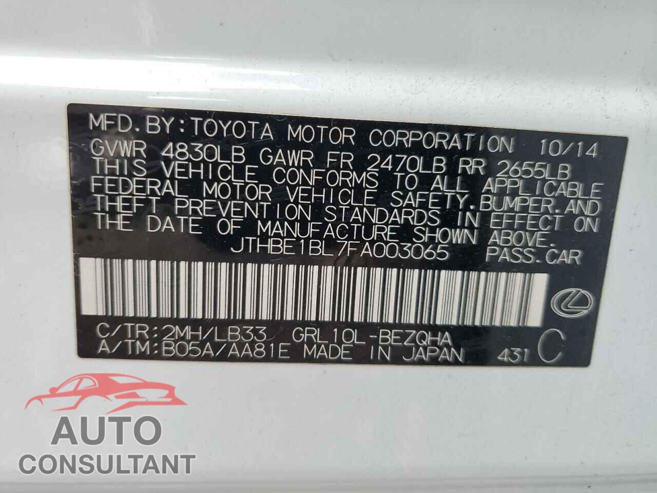 LEXUS GS350 2015 - JTHBE1BL7FA003065