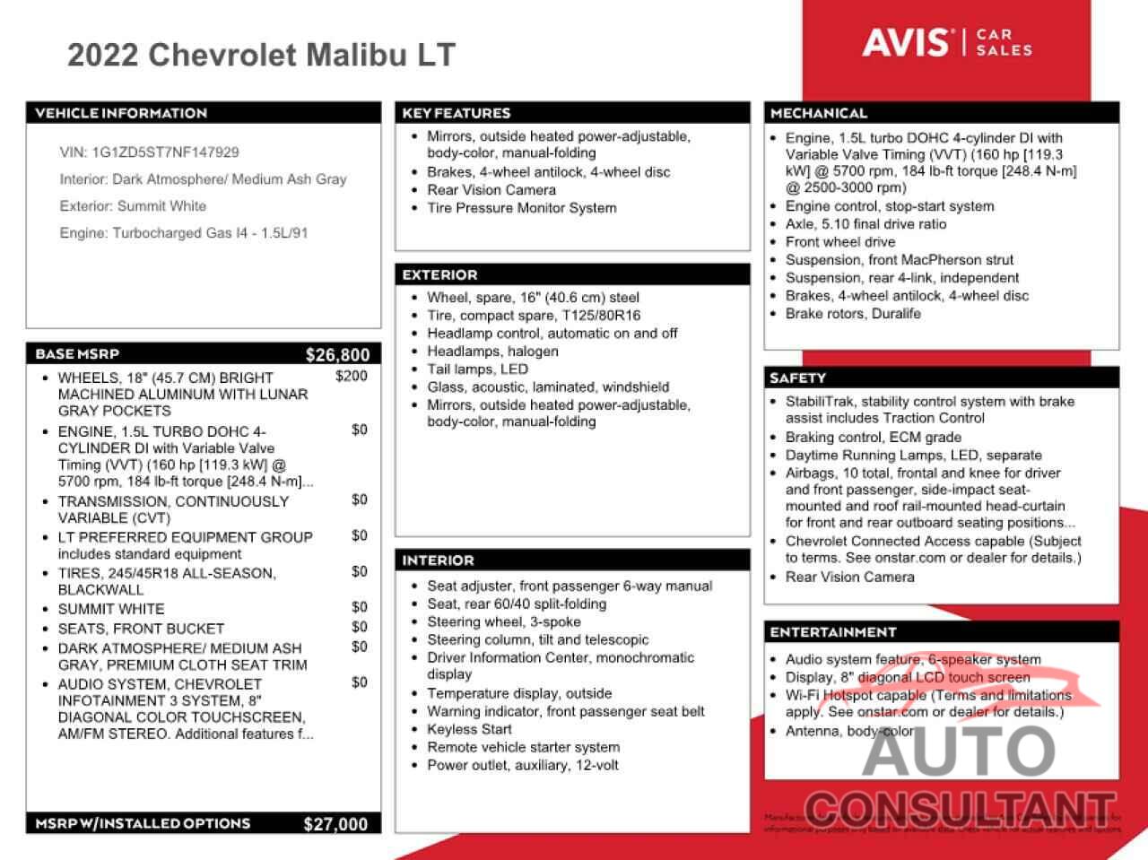 CHEVROLET MALIBU 2022 - 1G1ZD5ST7NF147929