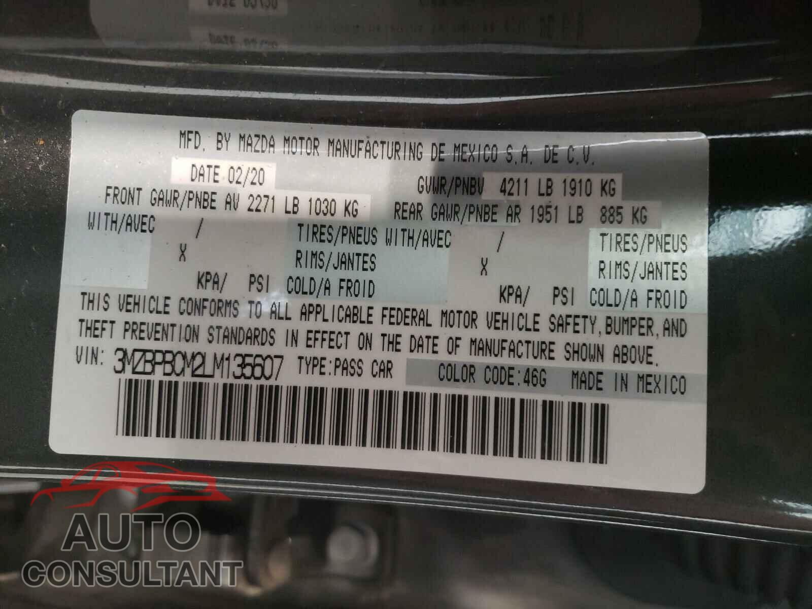 MAZDA 3 2020 - 3MZBPBCM2LM135607