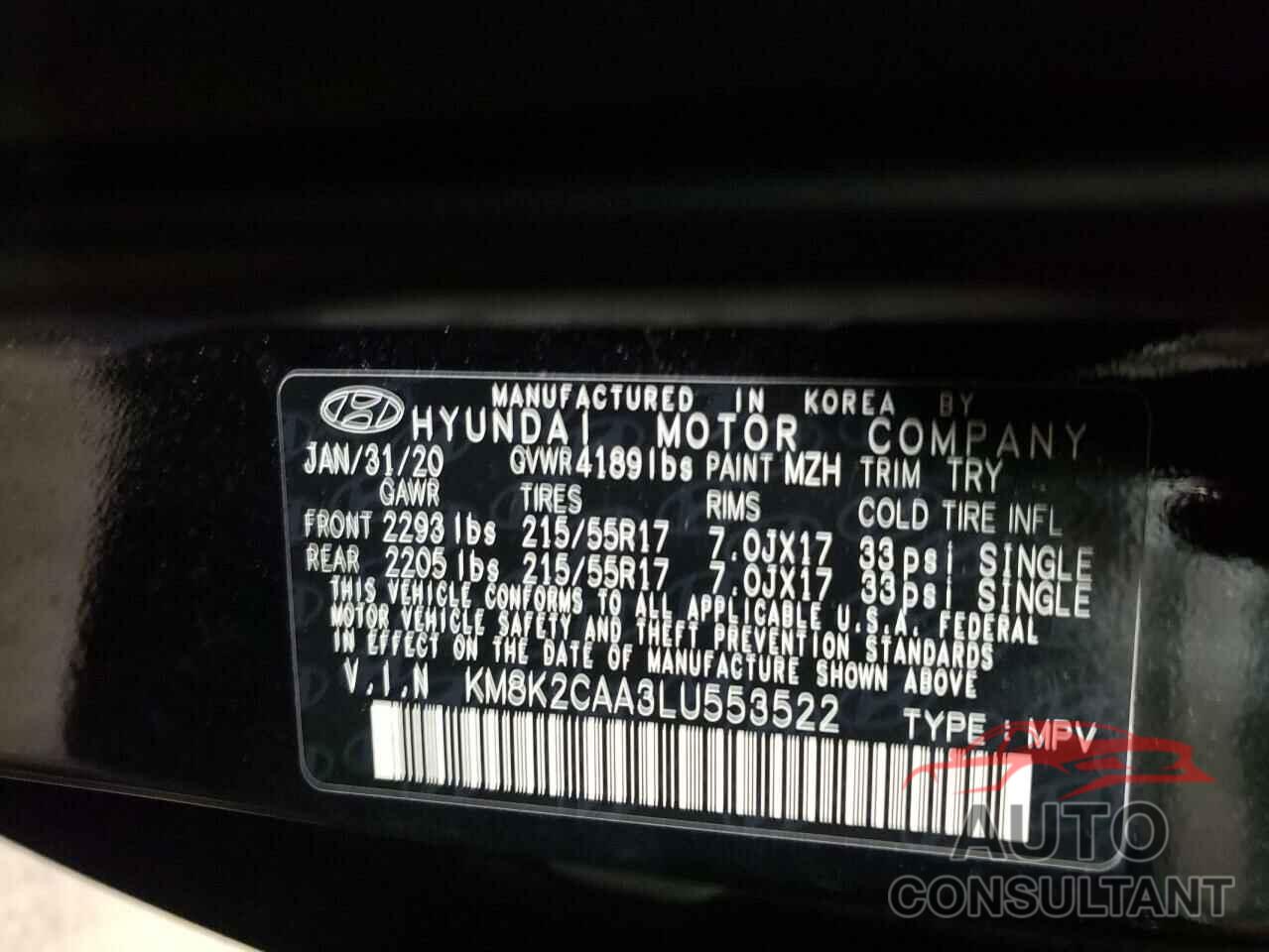 HYUNDAI KONA 2020 - KM8K2CAA3LU553522