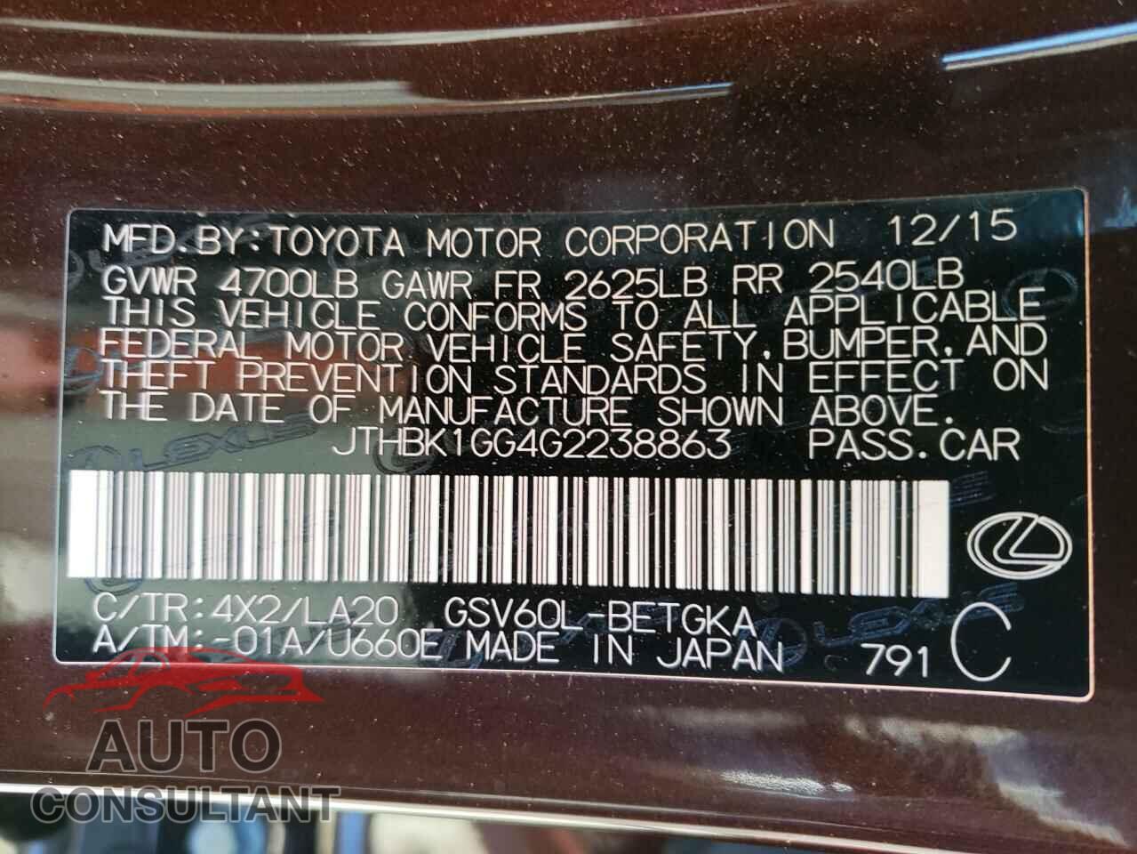 LEXUS ES350 2016 - JTHBK1GG4G2238863