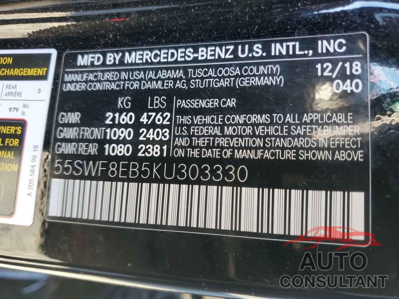 MERCEDES-BENZ C-CLASS 2019 - 55SWF8EB5KU303330