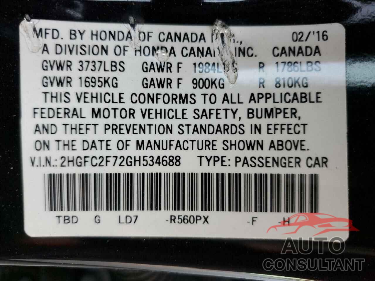 HONDA CIVIC 2016 - 2HGFC2F72GH534688