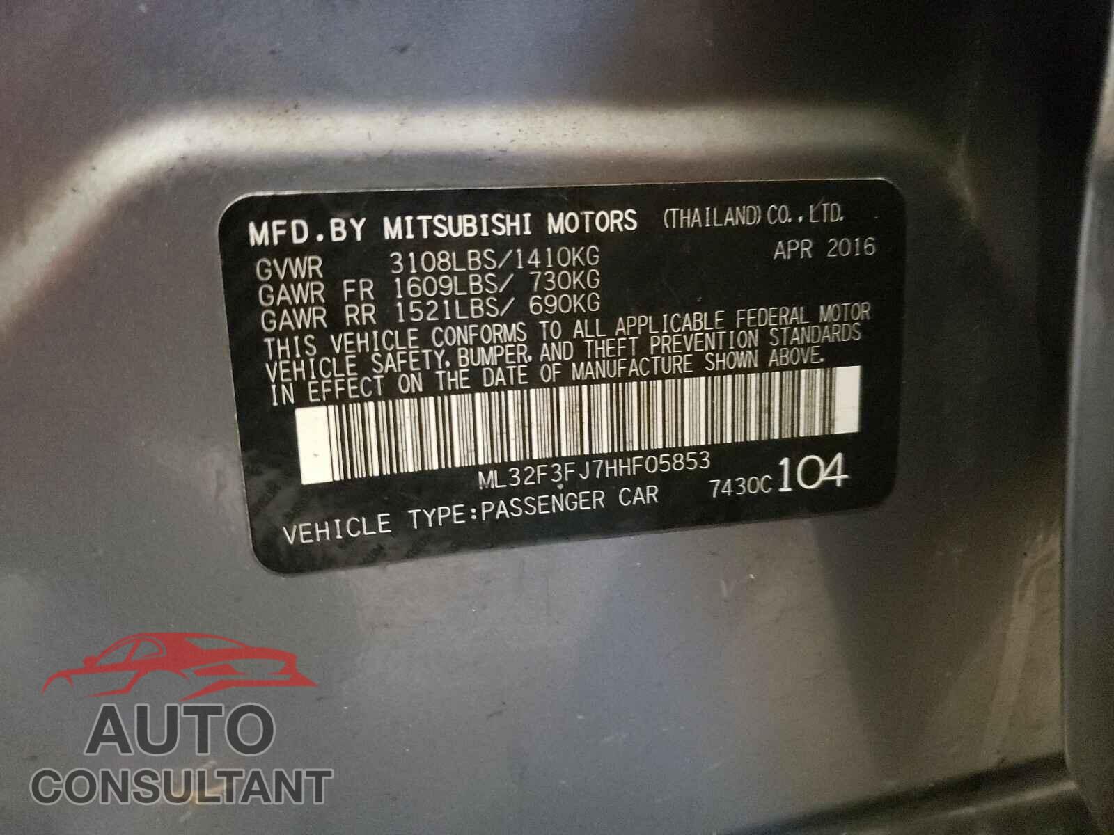MITSUBISHI MIRAGE 2017 - ML32F3FJ7HHF05853