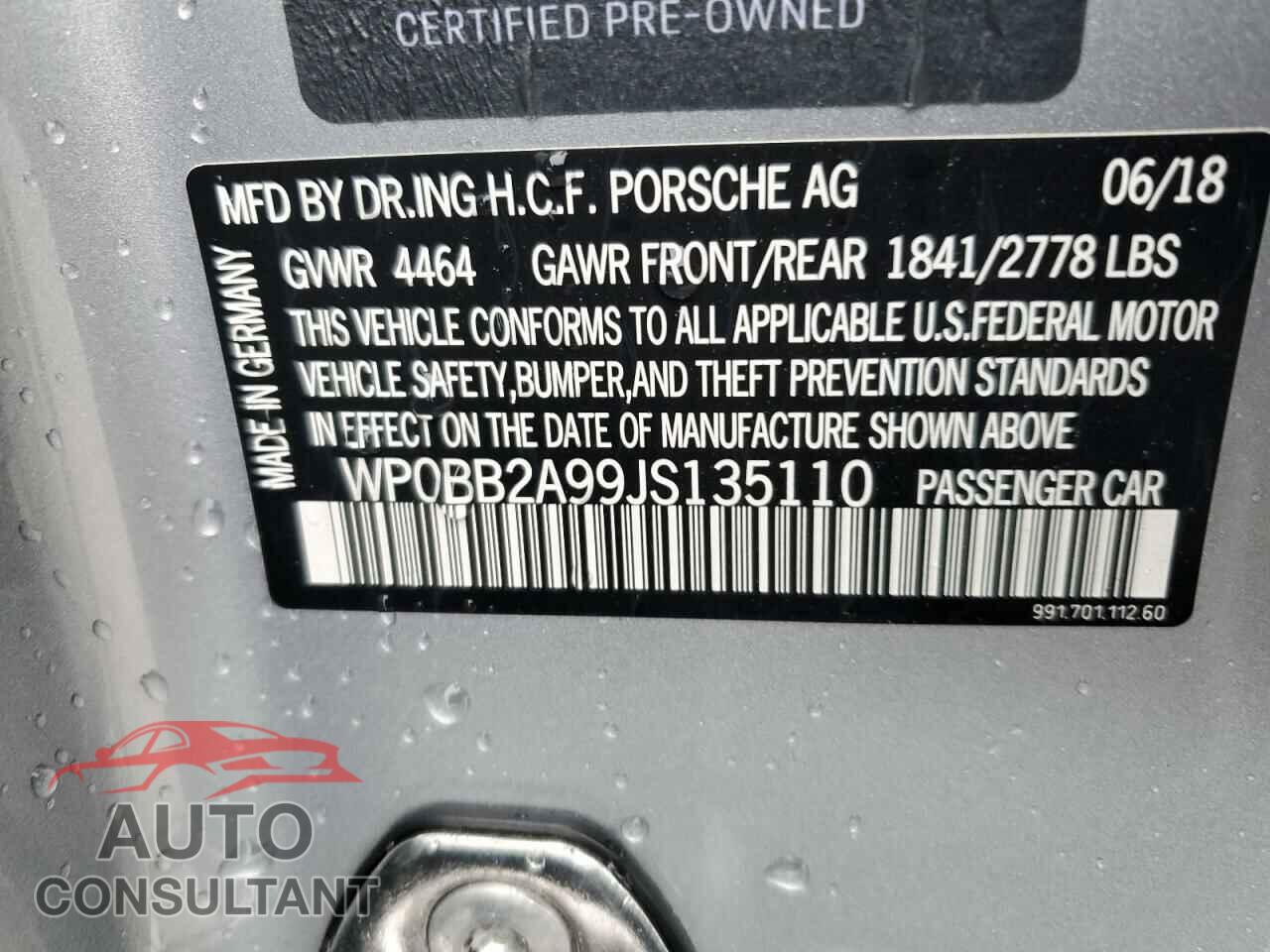PORSCHE 911 2018 - WP0BB2A99JS135110