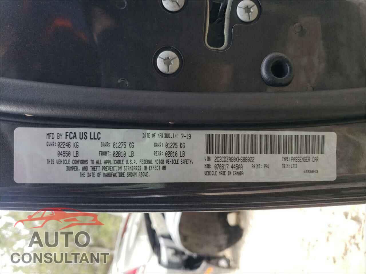 DODGE CHALLENGER 2019 - 2C3CDZAG0KH688022