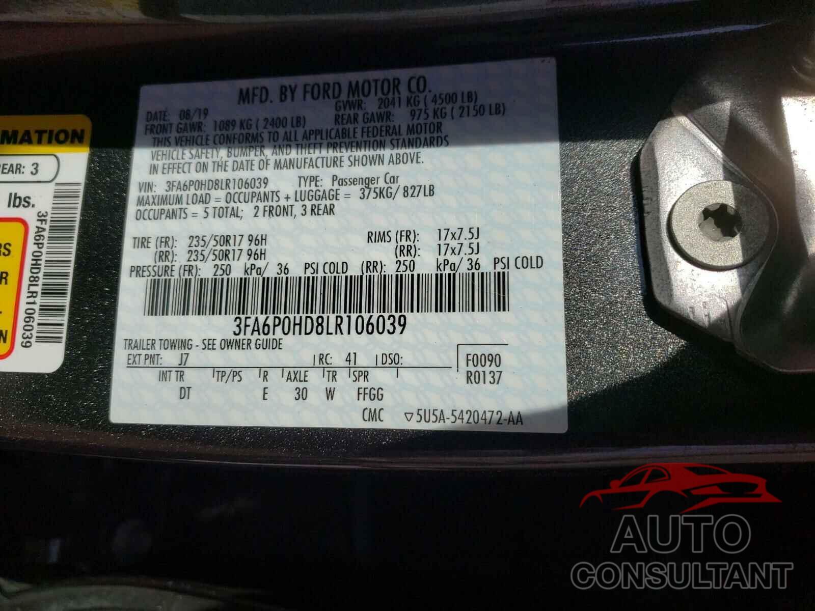 FORD FUSION 2020 - 3FA6P0HD8LR106039