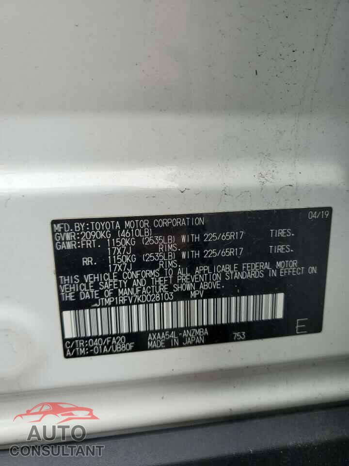 TOYOTA RAV4 2019 - JTMP1RFV7KD028103