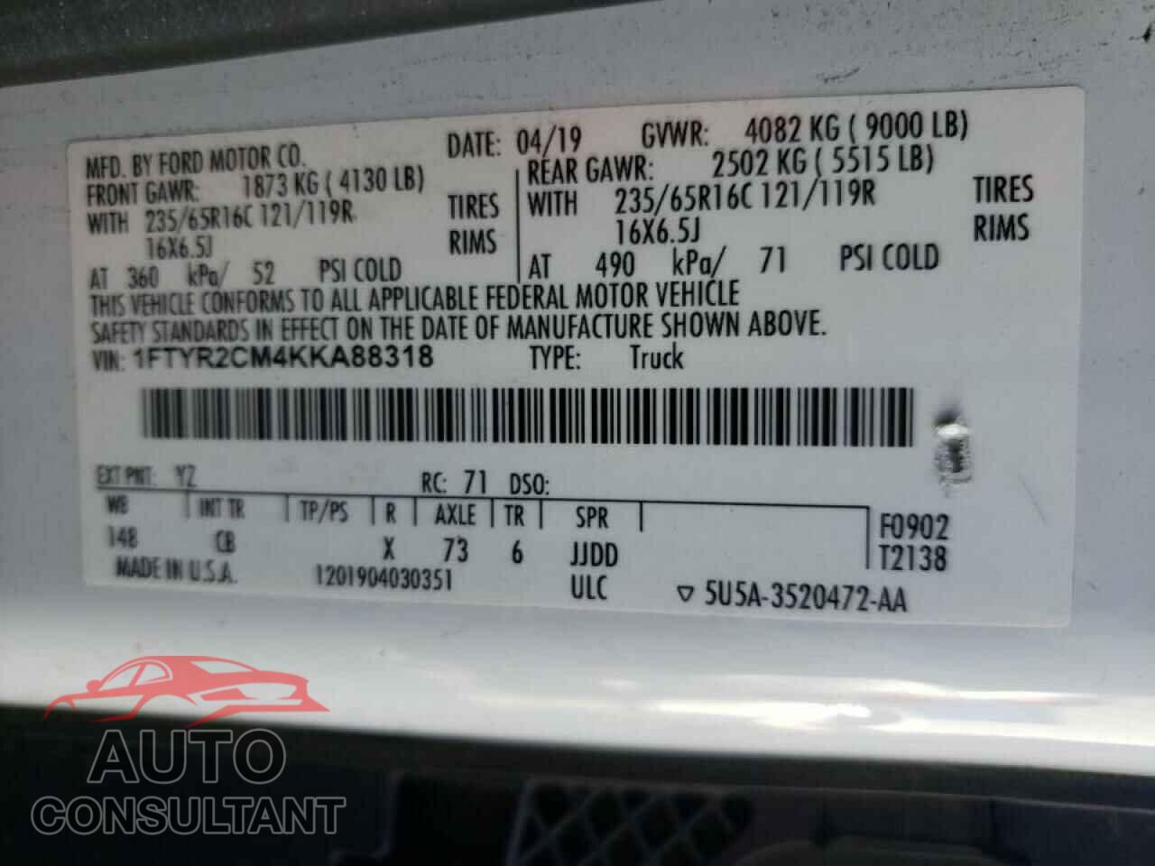 FORD TRANSIT CO 2019 - 1FTYR2CM4KKA88318