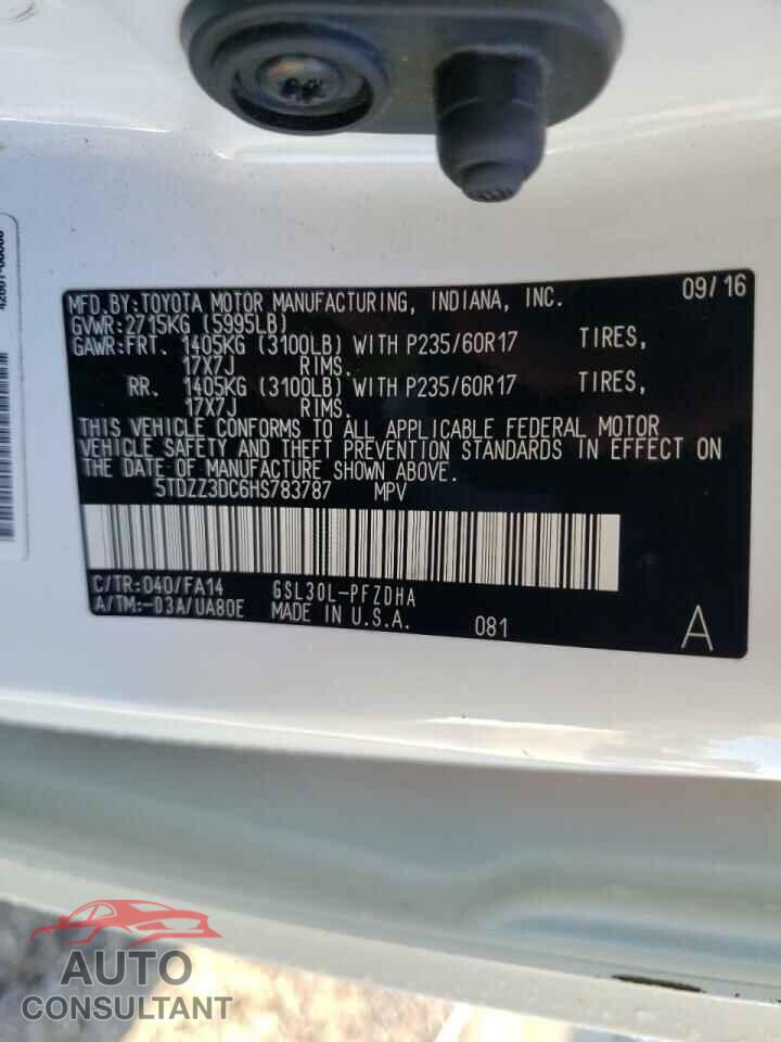 TOYOTA SIENNA 2017 - 5TDZZ3DC6HS783787