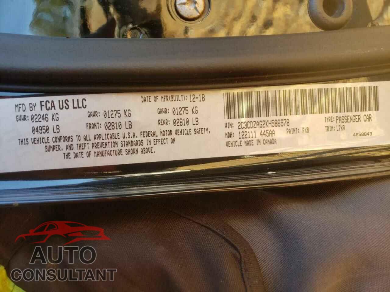 DODGE CHALLENGER 2019 - 2C3CDZAG2KH586978