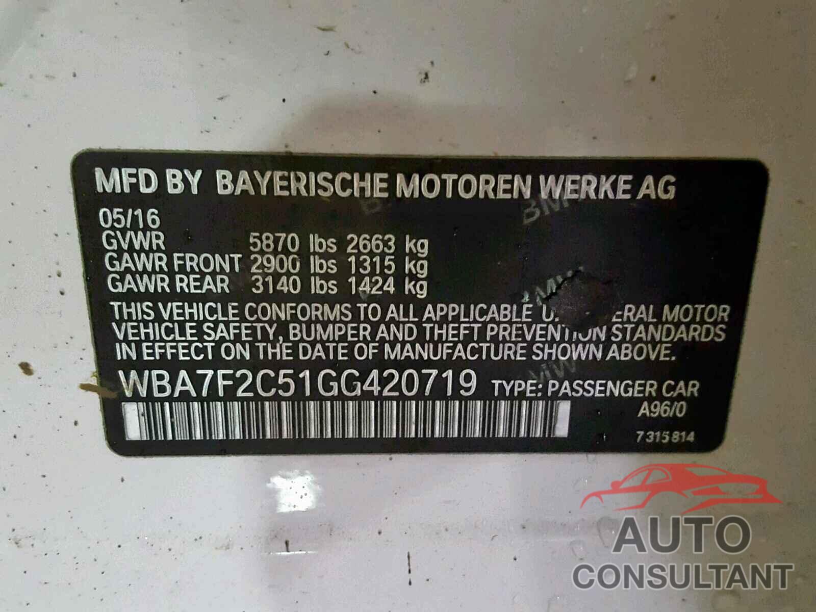 BMW 7 SERIES 2016 - WBA7F2C51GG420719