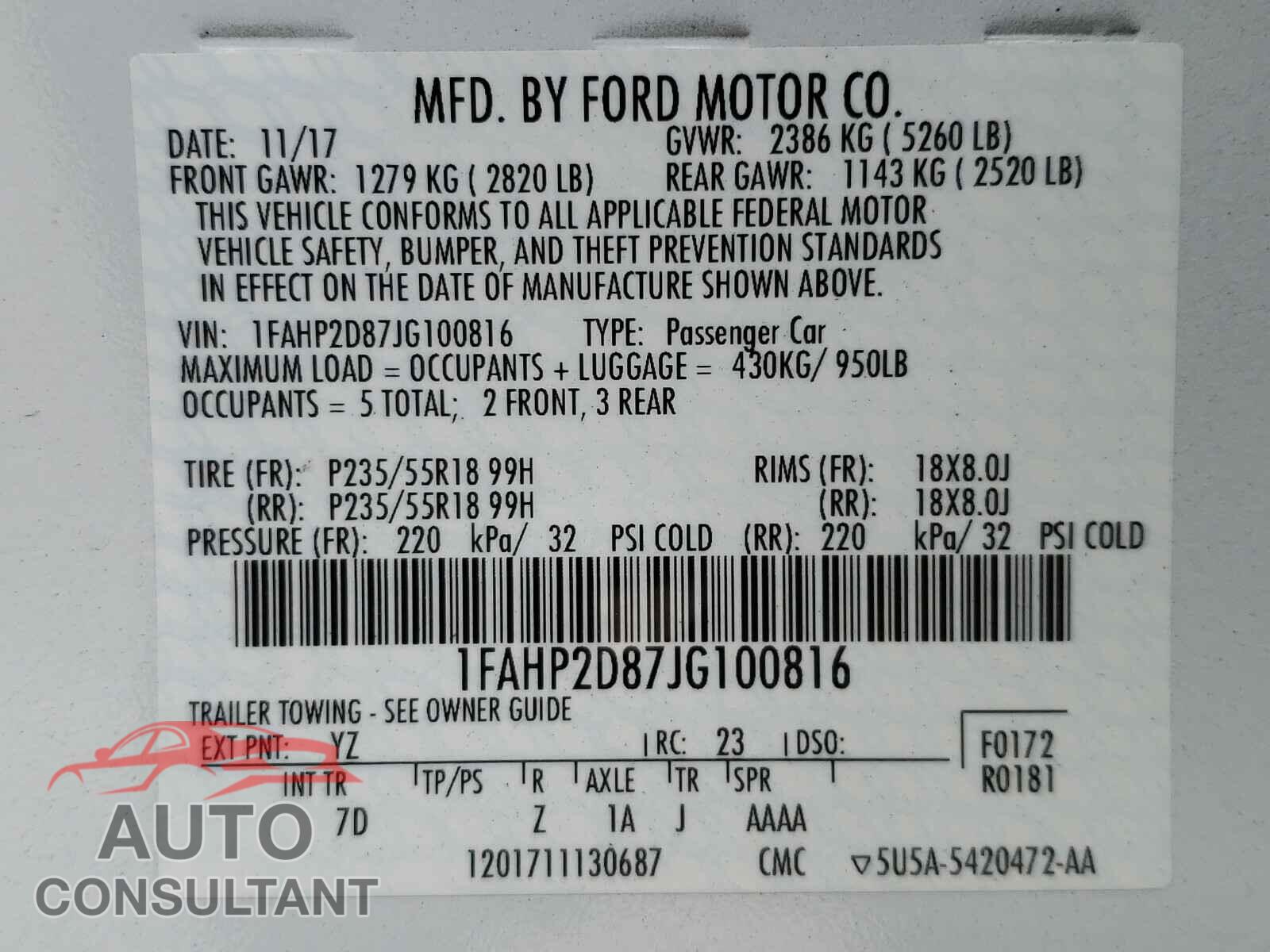 FORD TAURUS 2018 - 1FAHP2D87JG100816